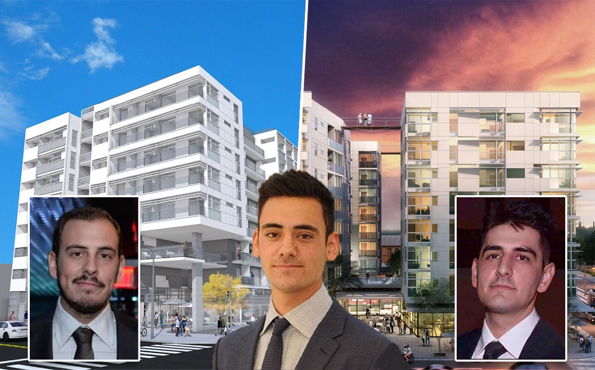 From left: Alan, Adam, and Alex Shekhter, with renderings of 501 Broadway and 601 Colorado (Credit: WS Communities and LinkedIn)