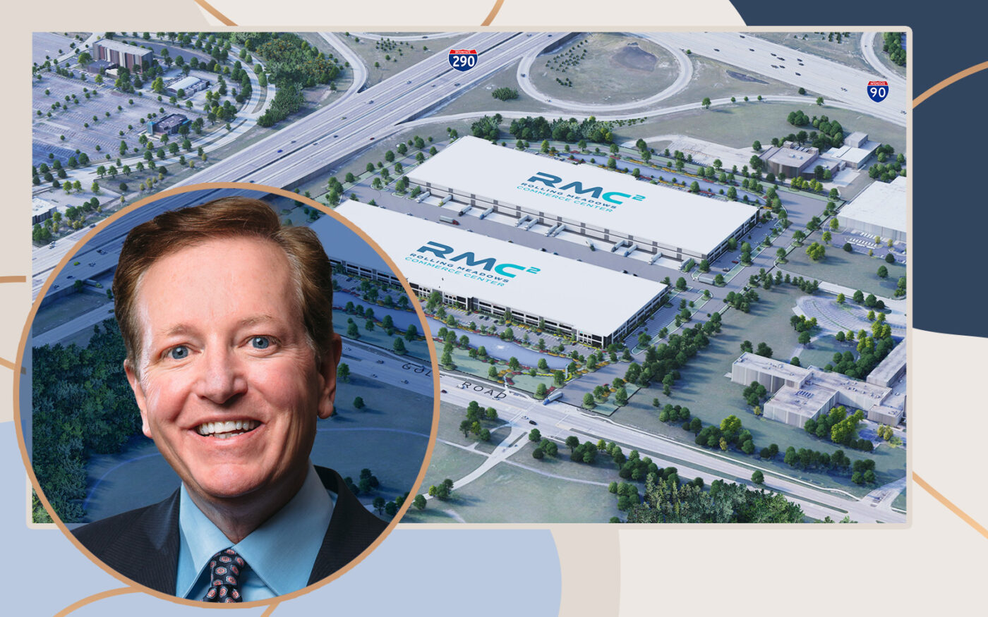 Brennan Chairman Michael Brennan with a rendering of the planned Rolling Meadows Commerce Center at 3800 Golf Road