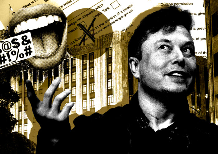 Elon Musk and the X headquarters at 1355 Market Street (Photo Illustration by Steven Dilakian for The Real Deal with Getty)