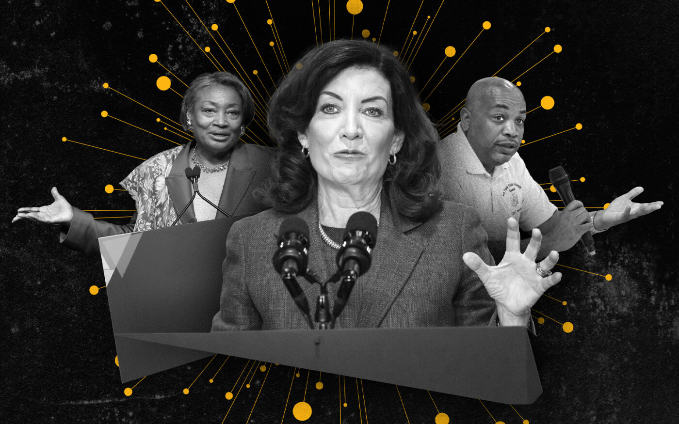 Gov. Kathy Hochul (center), Senate Majority Leader Andrea Stewart-Cousins (left) and Assembly Speaker Carl Heastie (Photo-illustration by Paul Dilakian/The Real Deal; images via Getty Images)