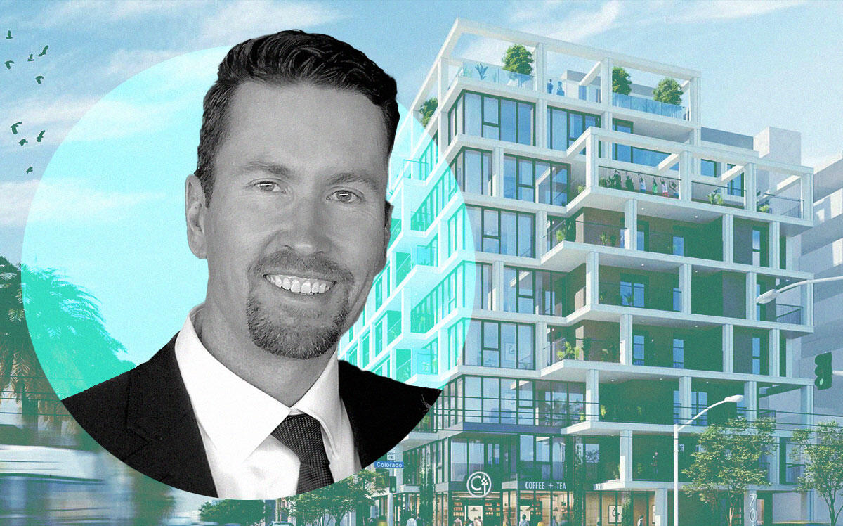 WS Communities' Scott Walter with Rendering of 701 Colorado Avenue (WS Communities)