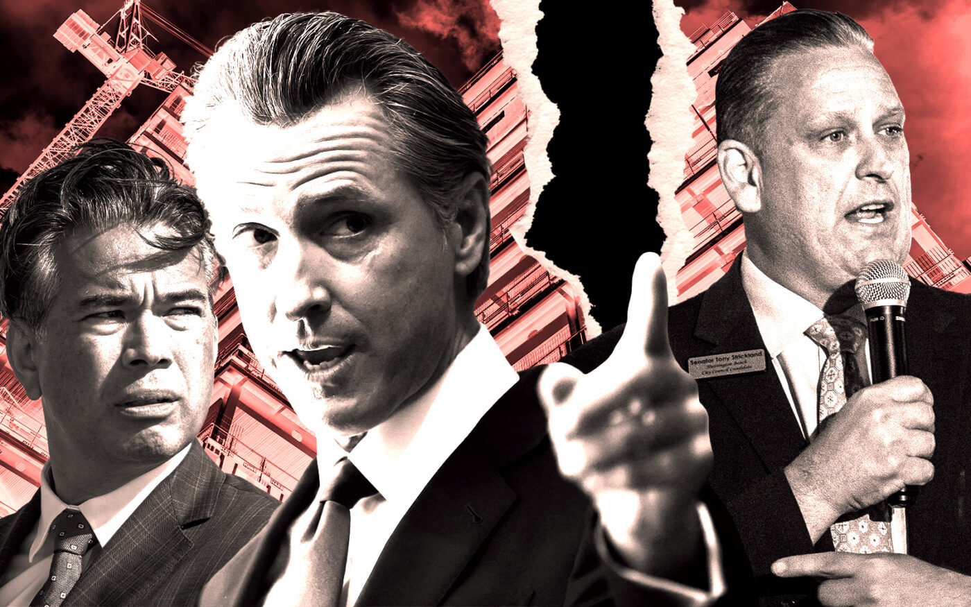 From left: Attorney General Rob Bonta, Governor of California Gavin Newsom and Mayor of Huntington Beach Tony Strickland (Getty)