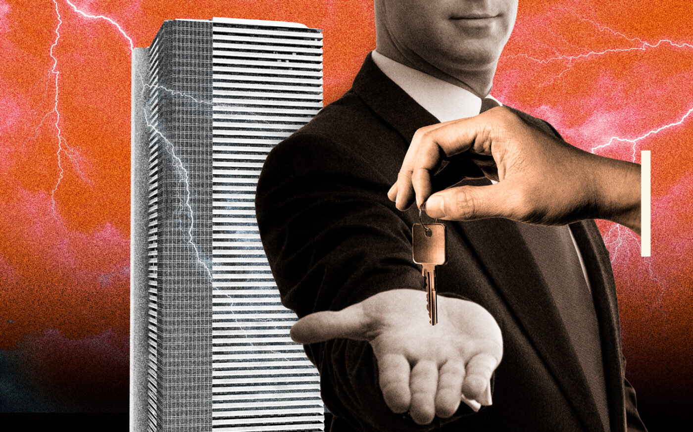 Businessman recieving keys, building, thunder