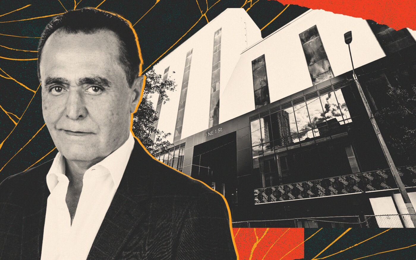 Yair Levy with the Time Century Jewelry Center facade (Photo-illustration by Ilya Hourie/The Real Deal; LinkedIn, Getty Images)